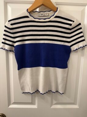 Zara White, Black & Blue Striped Short-Sleeve Ribbed Top